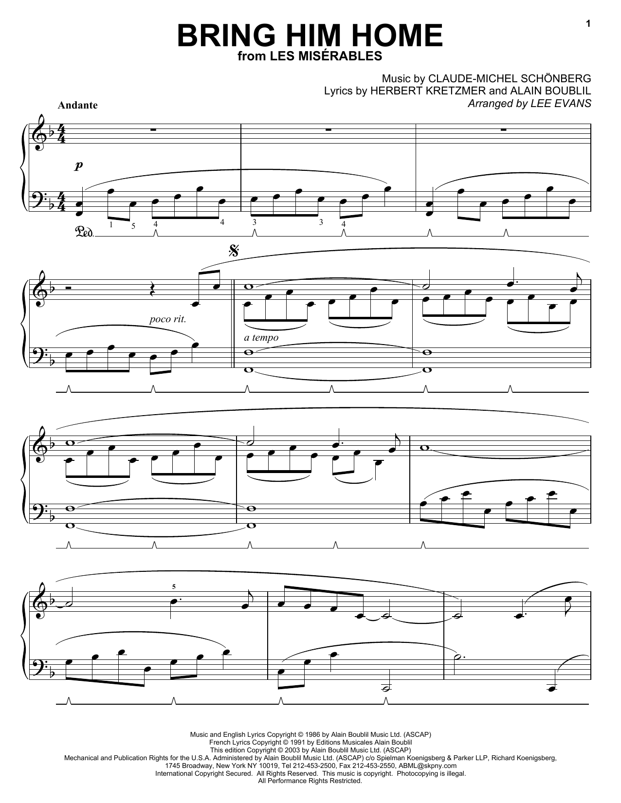 Download Alain Boublil Bring Him Home (from Les Miserables) Sheet Music