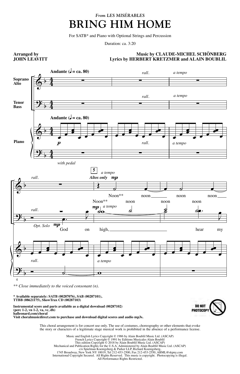 Download Boublil & Schonberg Bring Him Home (from Les Miserables) (a Sheet Music