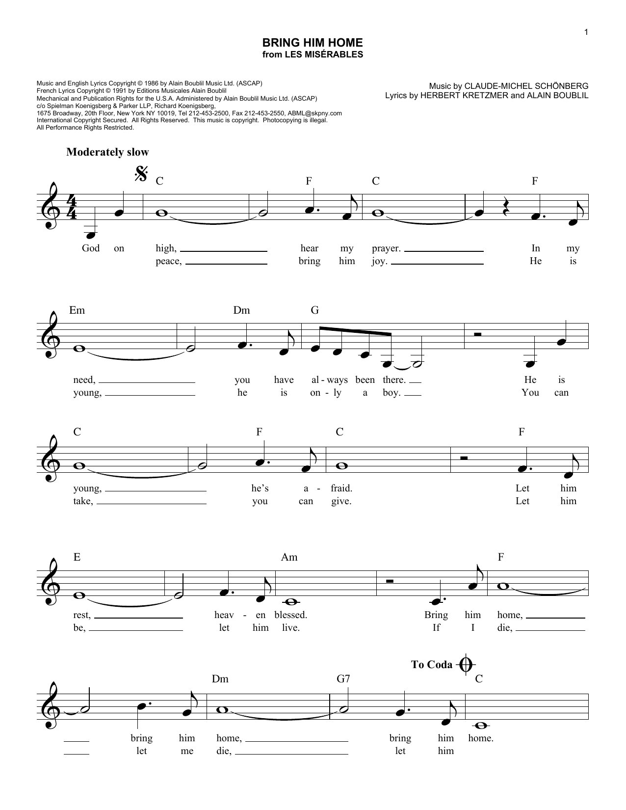 Download Boublil & Schonberg Bring Him Home (from Les Miserables) Sheet Music