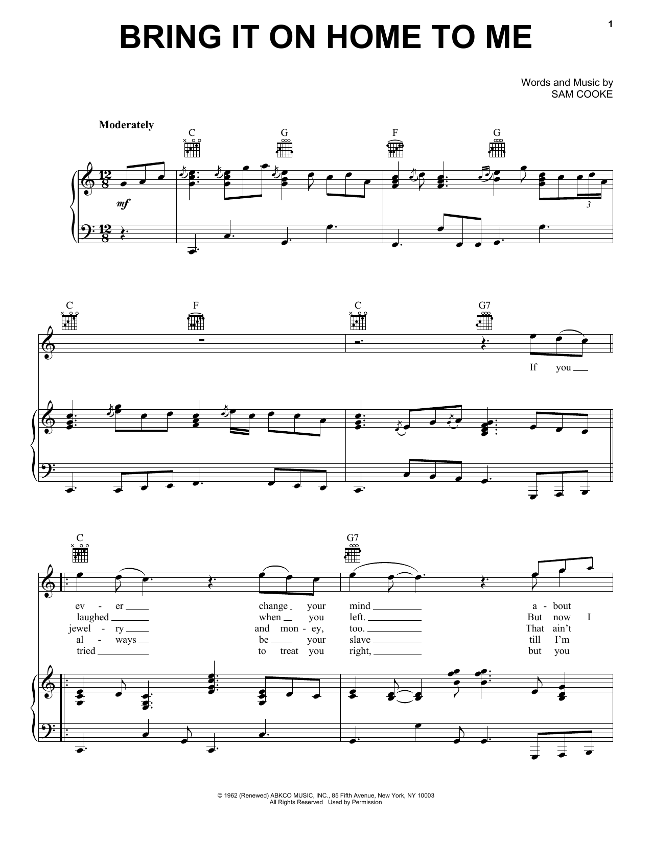 Download Sam Cooke Bring It On Home To Me Sheet Music