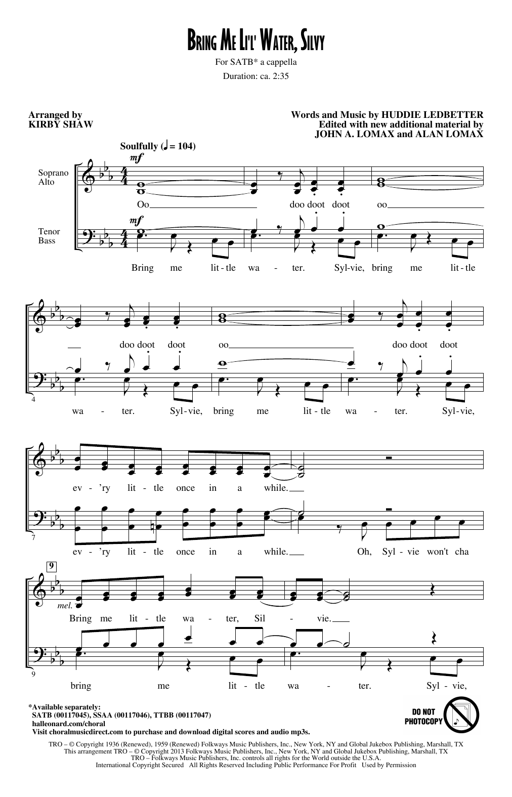 Download Kirby Shaw Bring Me Lil'l Water, Sylvie Sheet Music