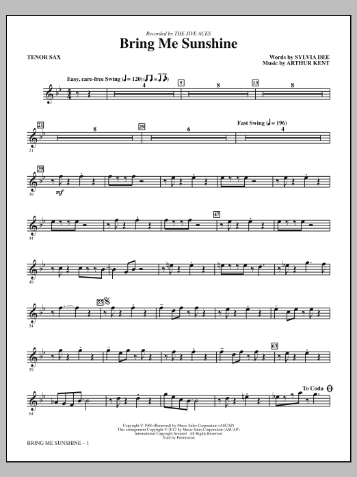 Download Kirby Shaw Bring Me Sunshine - Bb Tenor Saxophone Sheet Music
