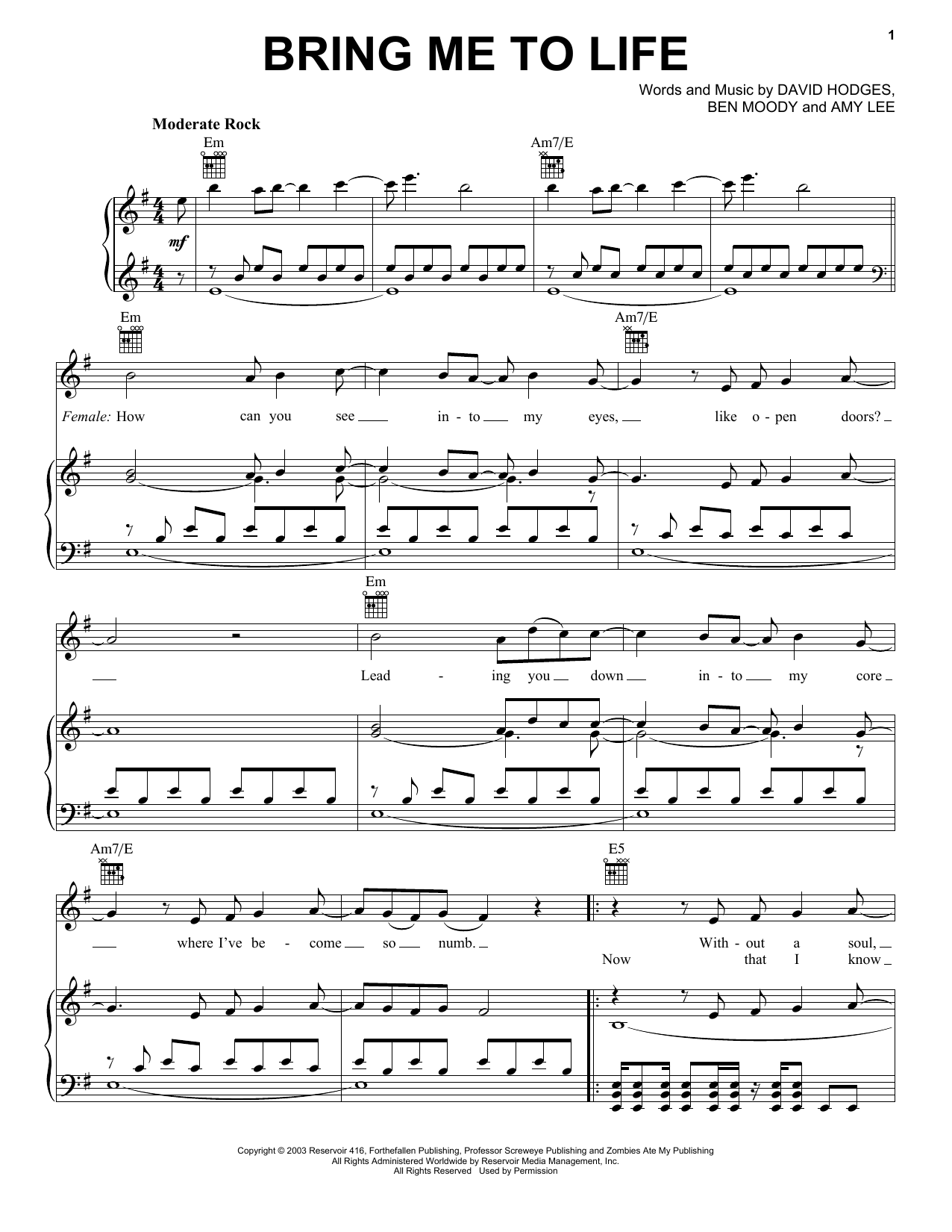 Download Evanescence Bring Me To Life Sheet Music
