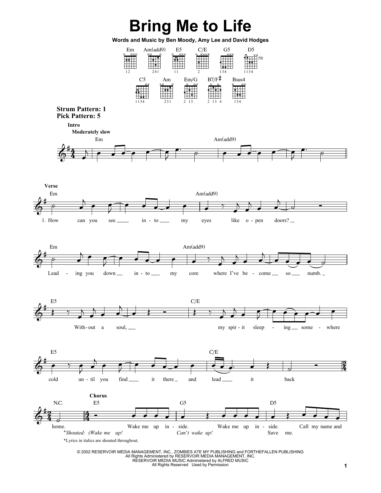 Download Evanescence Bring Me To Life Sheet Music