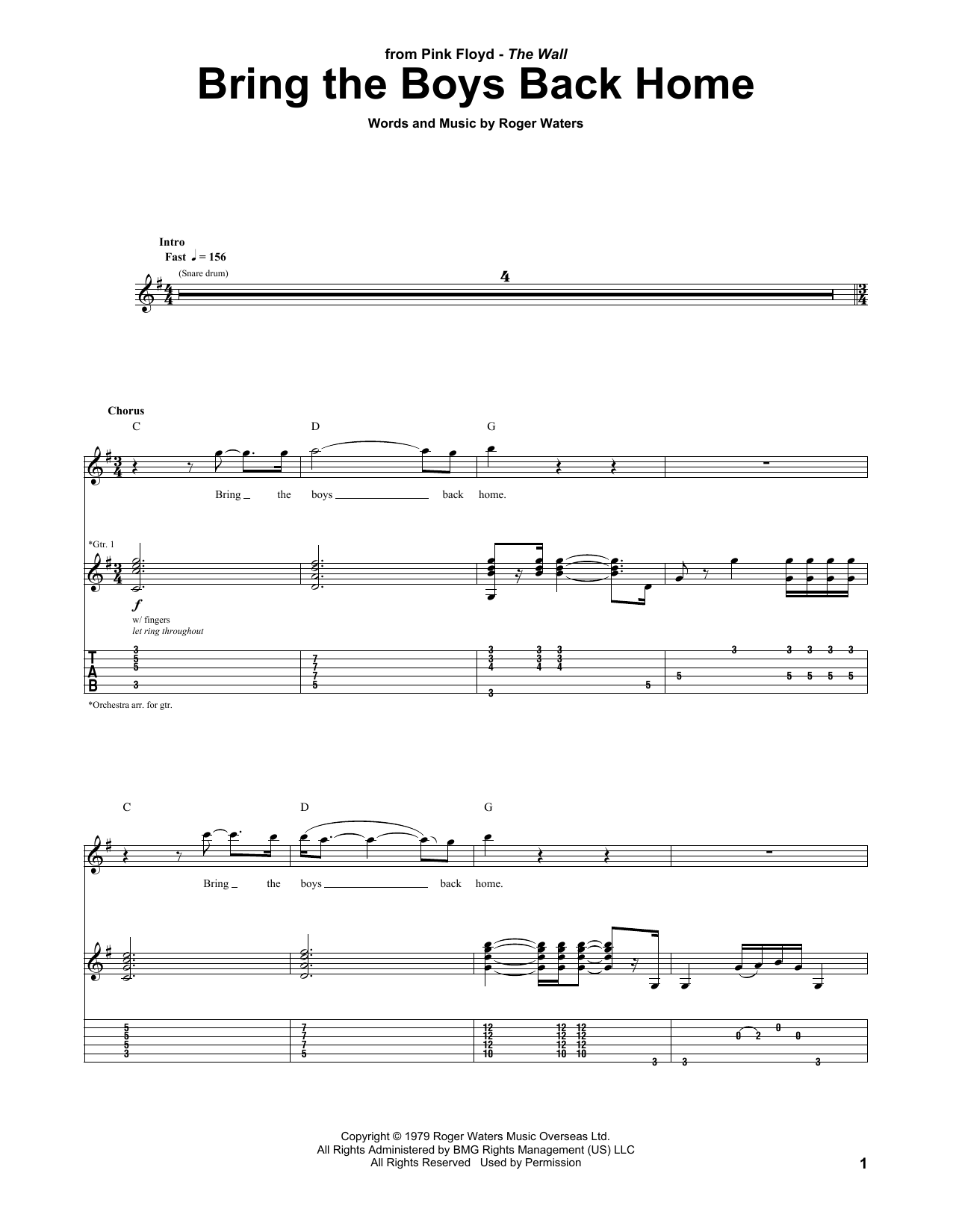 Download Pink Floyd Bring The Boys Back Home Sheet Music
