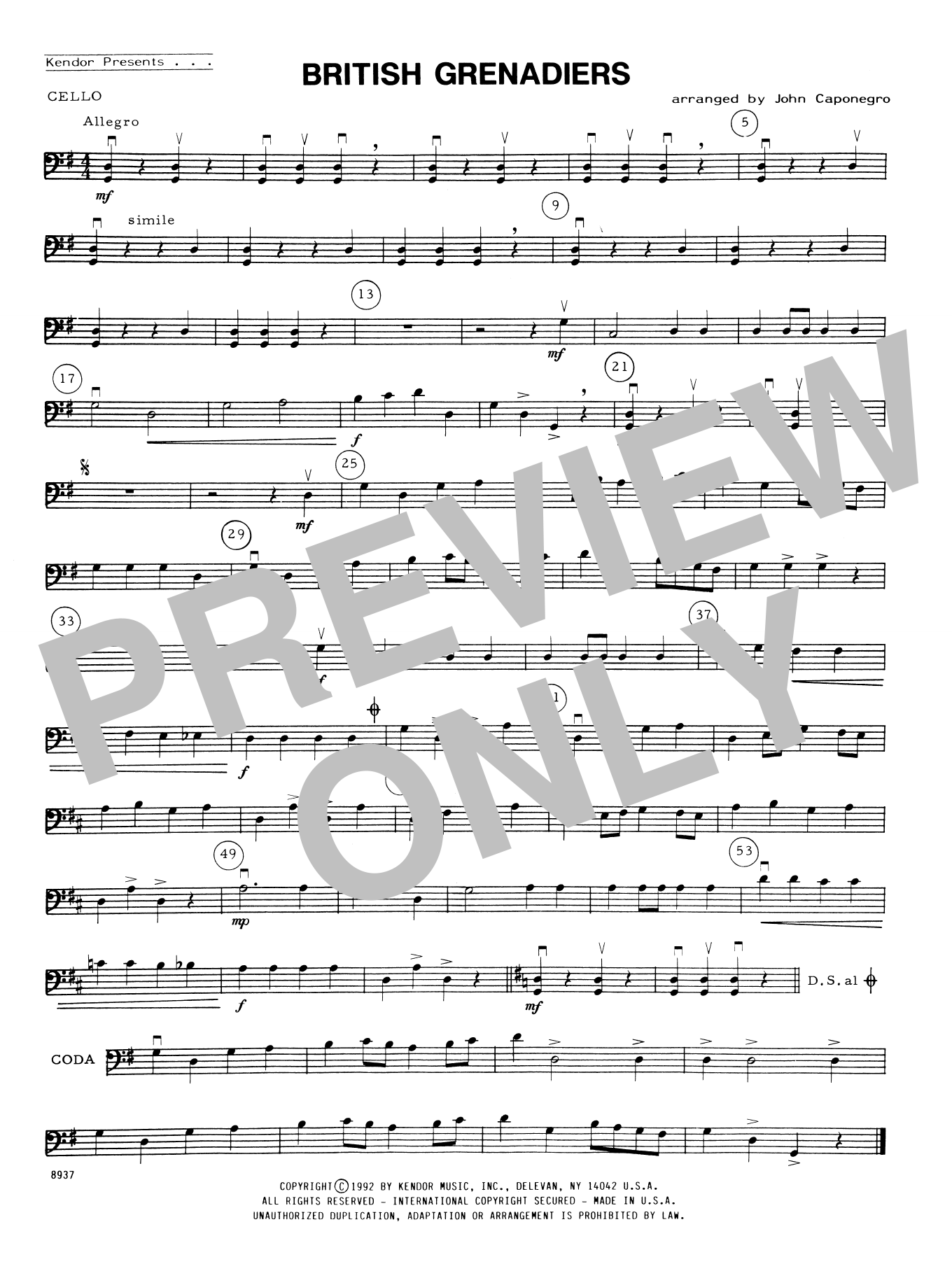 Download John Caponegro British Grenadiers - Cello Sheet Music