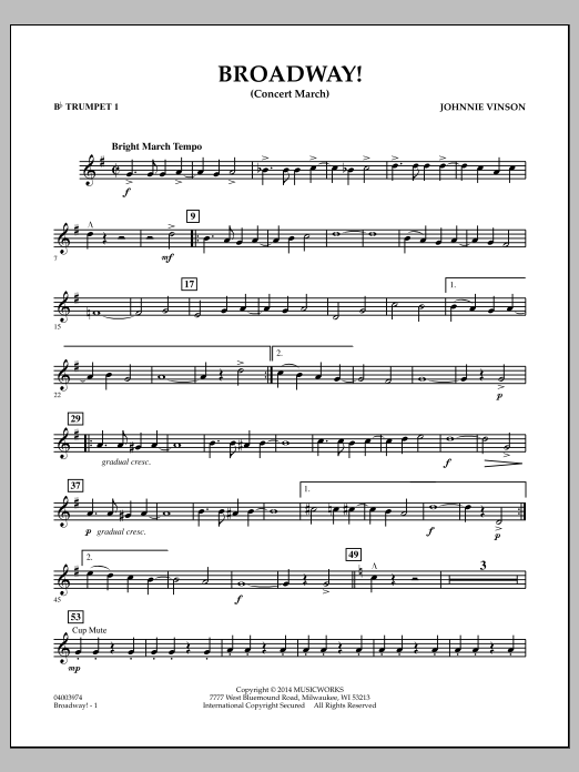 Download Johnnie Vinson Broadway! - Bb Trumpet 1 Sheet Music
