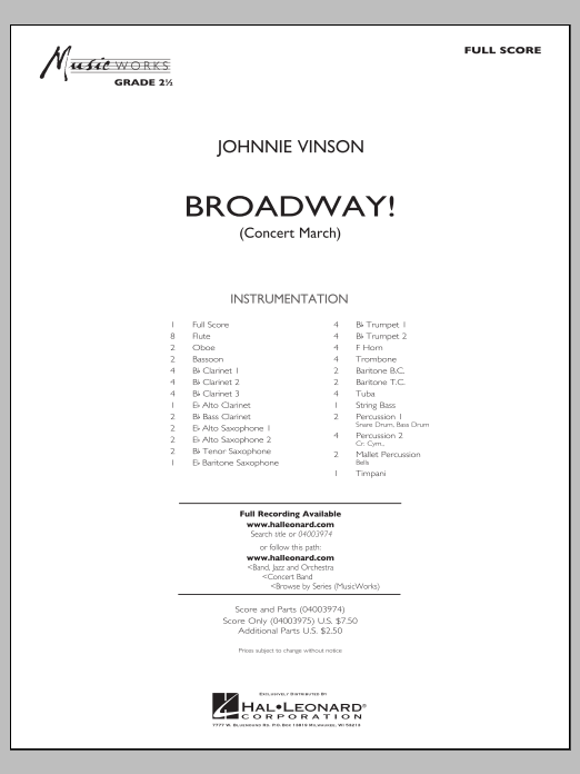 Download Johnnie Vinson Broadway! - Full Score Sheet Music