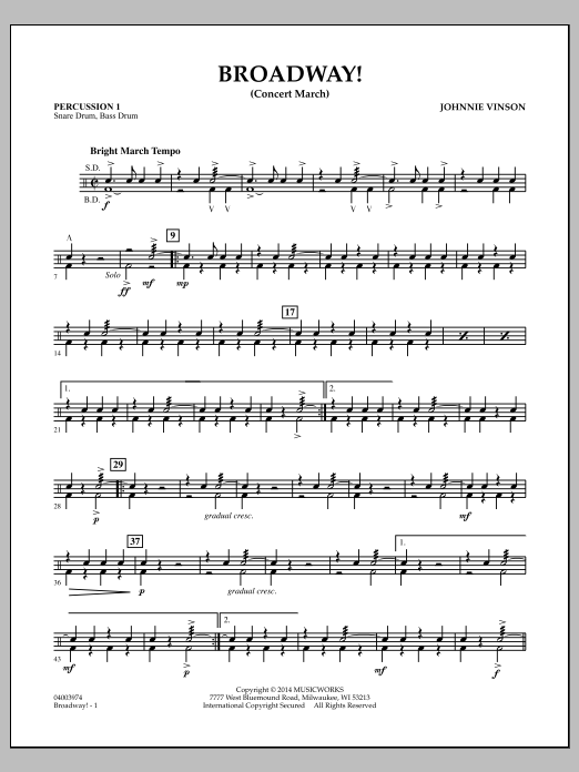 Download Johnnie Vinson Broadway! - Percussion 1 Sheet Music