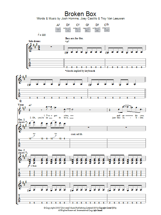 Download Queens Of The Stone Age Broken Box Sheet Music