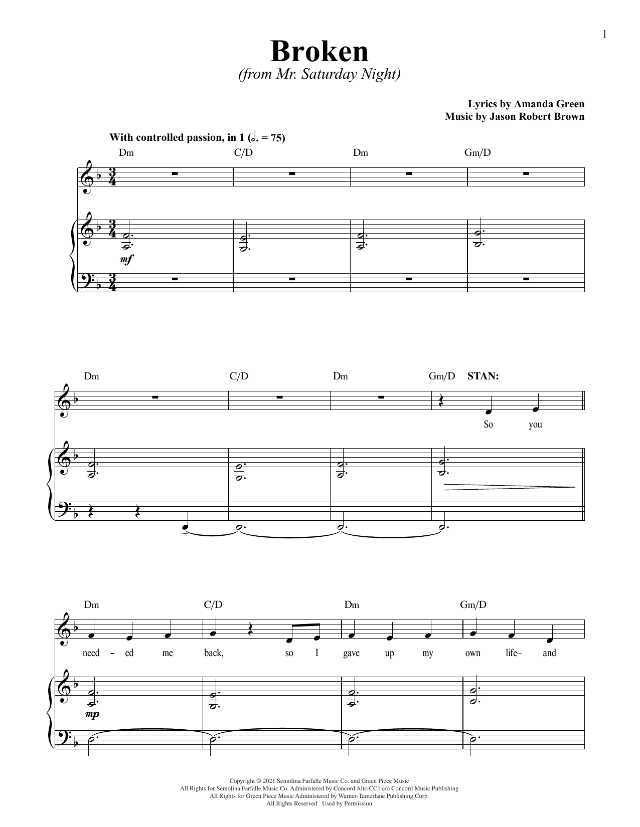 Jason Robert Brown and Amanda Green Broken (from Mr. Saturday Night) sheet music notes printable PDF score