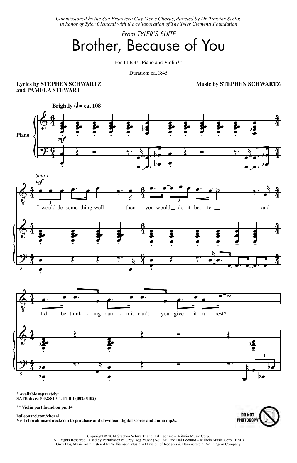 Download Stephen Schwartz Brother, Because Of You (from Tyler's S Sheet Music