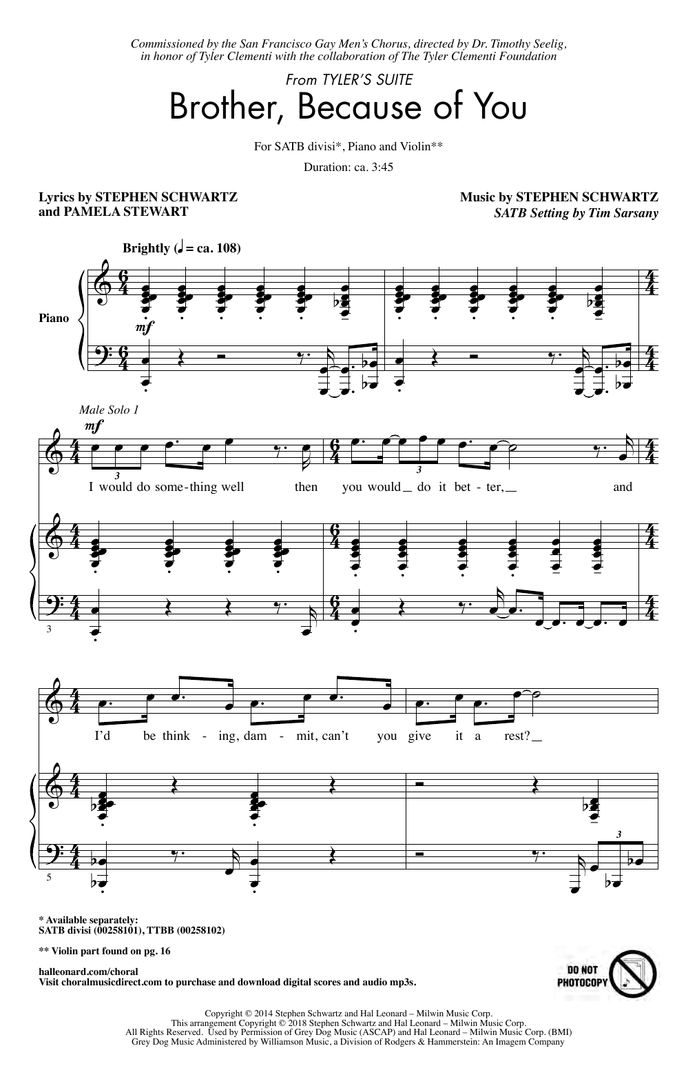 Download Stephen Schwartz Brother, Because Of You (from Tyler's S Sheet Music