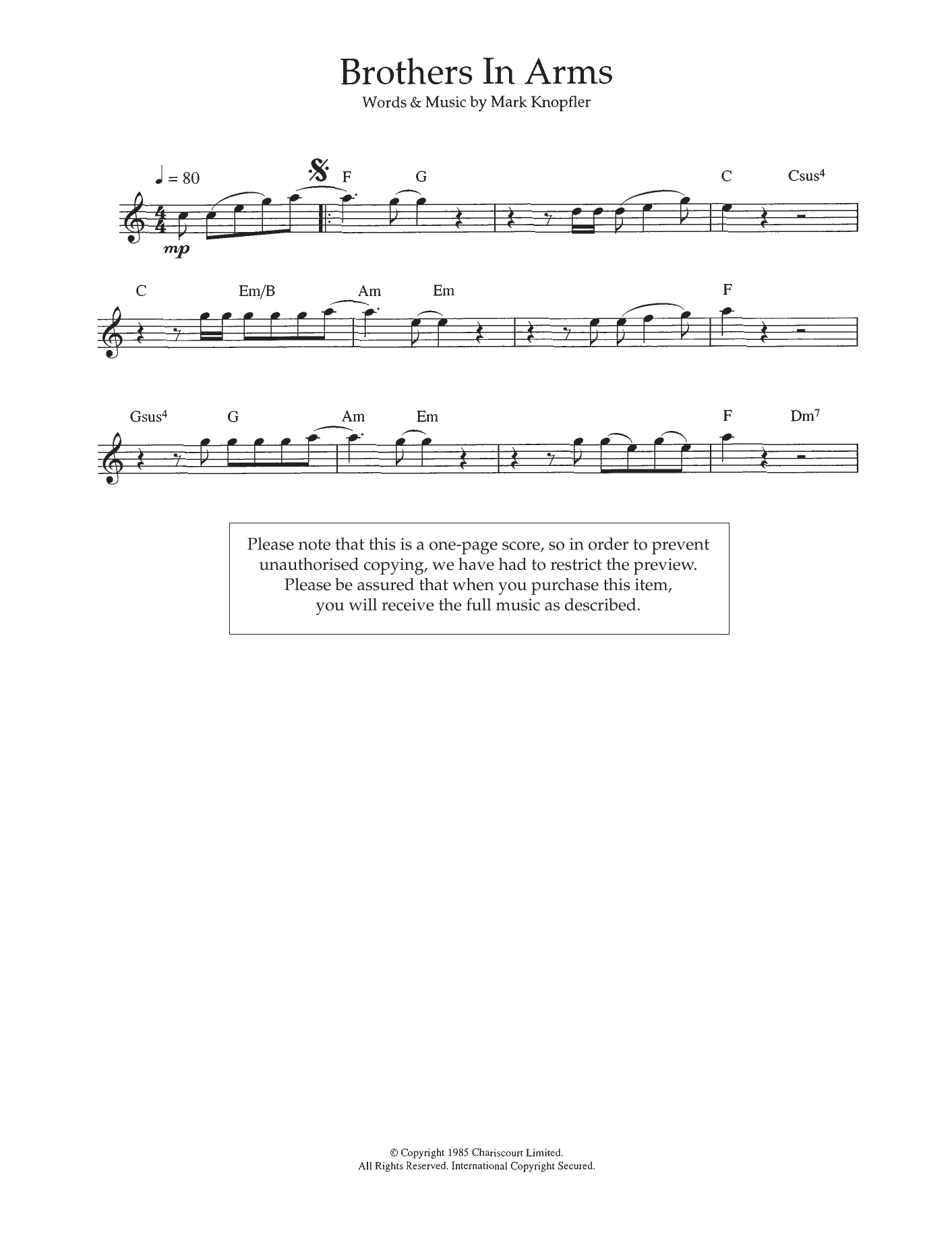 Download Dire Straits Brothers In Arms Sheet Music