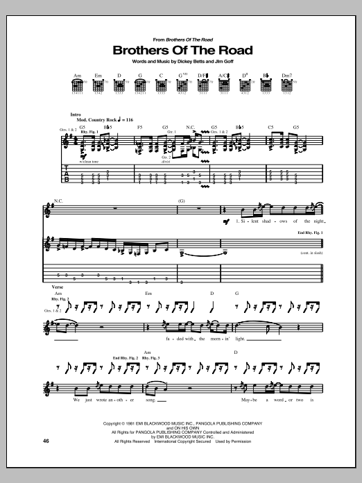 Download Allman Brothers Band Brothers Of The Road Sheet Music