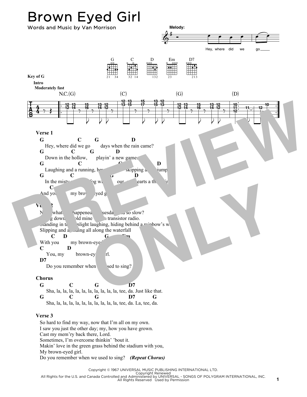 Van Morrison Brown Eyed Girl sheet music notes printable PDF score