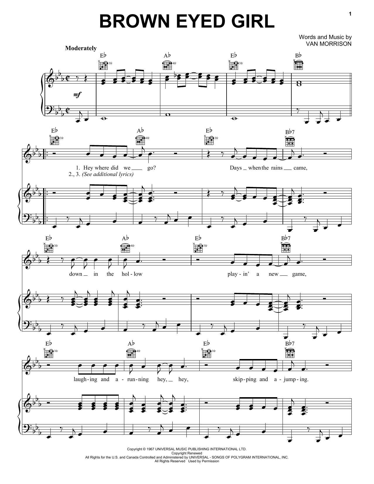 Van Morrison Brown Eyed Girl sheet music notes printable PDF score