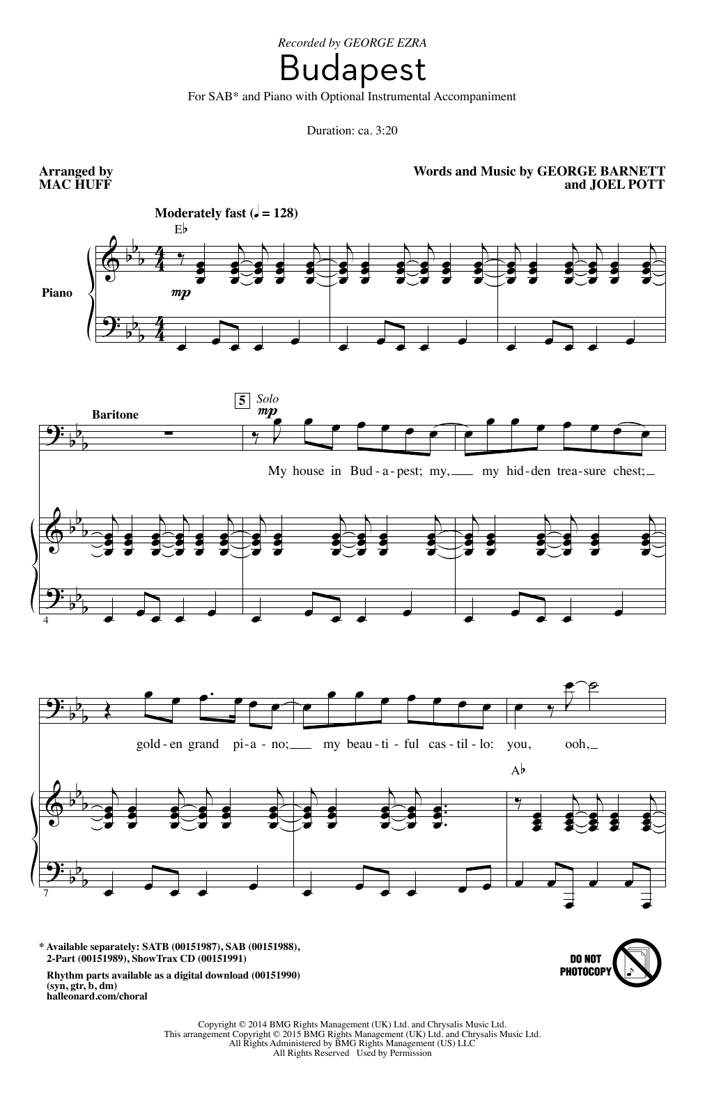 Download George Ezra Budapest (arr. Mac Huff) Sheet Music
