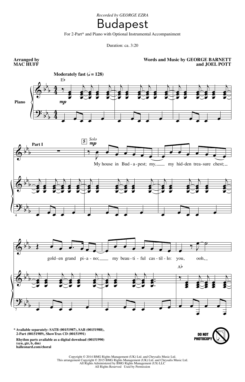 Download George Ezra Budapest (arr. Mac Huff) Sheet Music