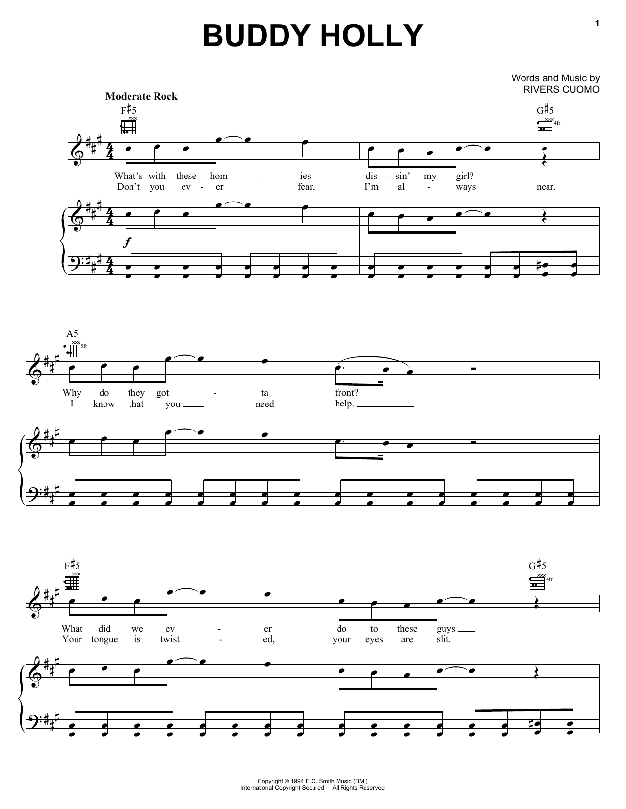 Weezer Buddy Holly sheet music notes printable PDF score