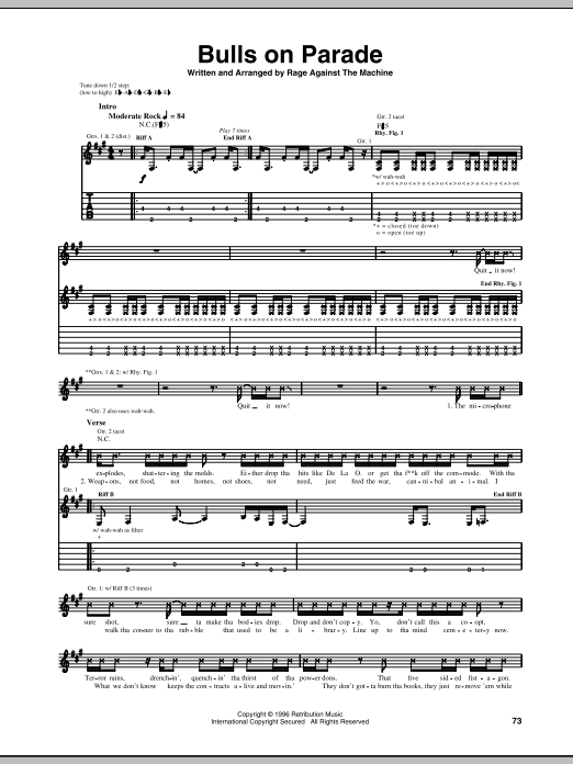 Download Rage Against The Machine Bulls On Parade Sheet Music