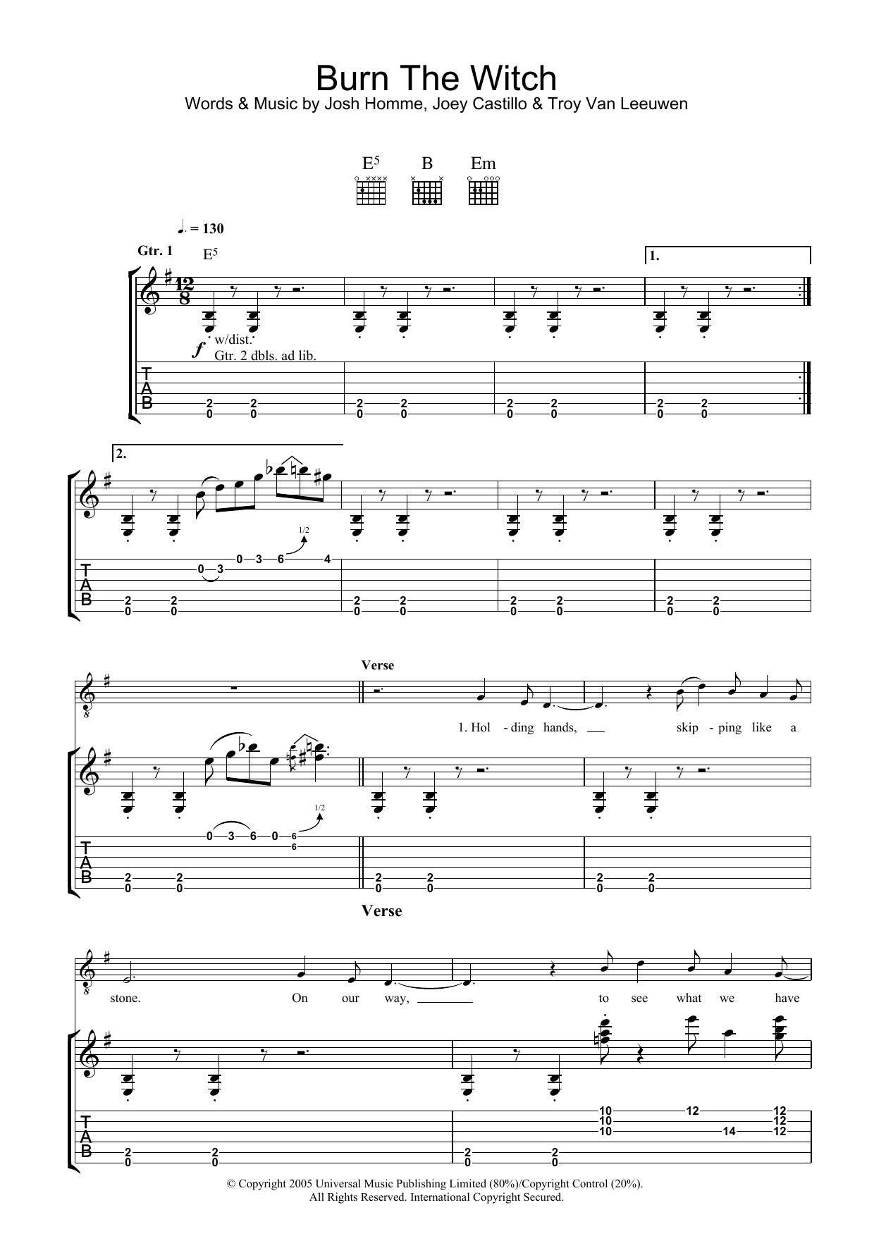 Download Queens Of The Stone Age Burn The Witch Sheet Music
