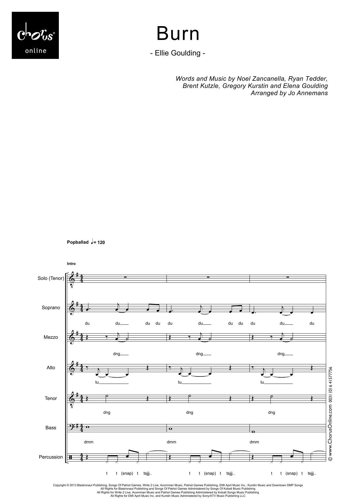 Ellie Goulding Burn (arr. Jo Annemans) sheet music notes printable PDF score