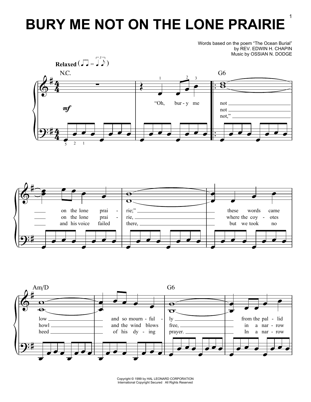 Download E.H. Chapin Bury Me Not On The Lone Prairie Sheet Music