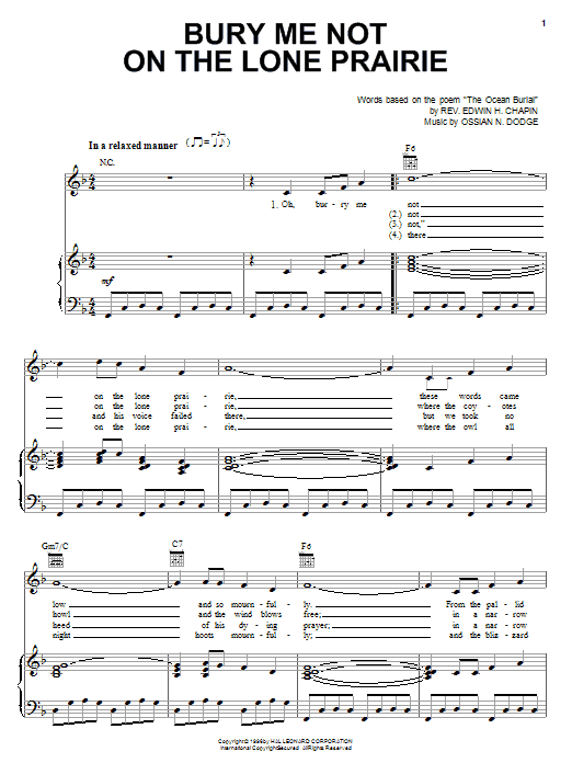 Edwin H. Chapin Bury Me Not On The Lone Prairie sheet music notes printable PDF score