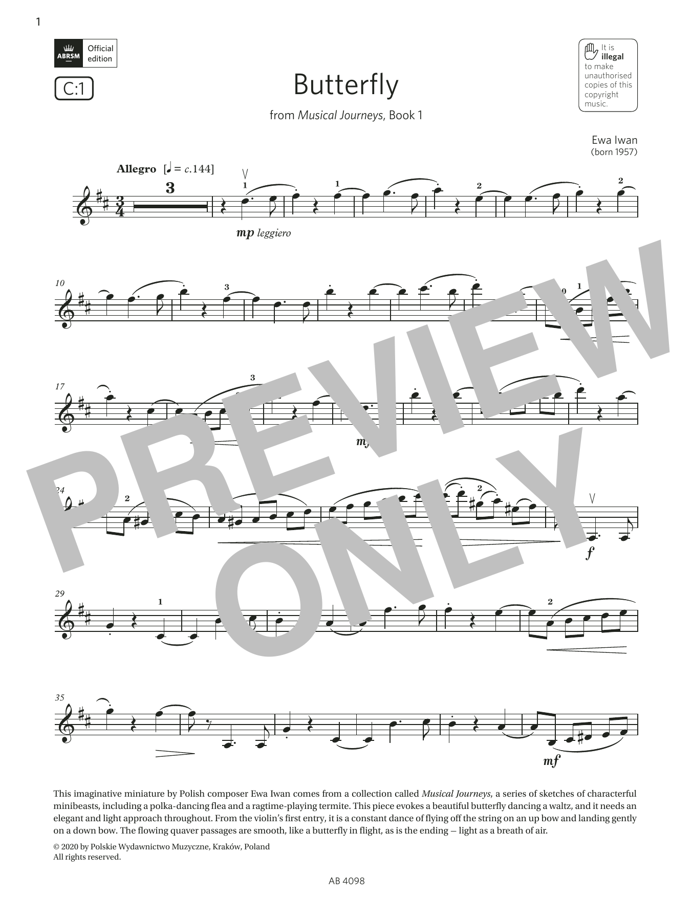 Download Ewa Iwan Butterfly (Grade 4, C1, from the ABRSM Sheet Music