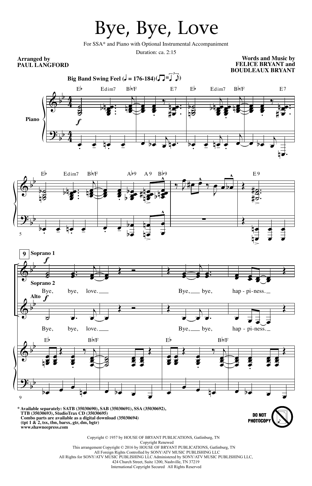 Download The Everly Brothers Bye Bye Love (arr. Paul Langford) Sheet Music