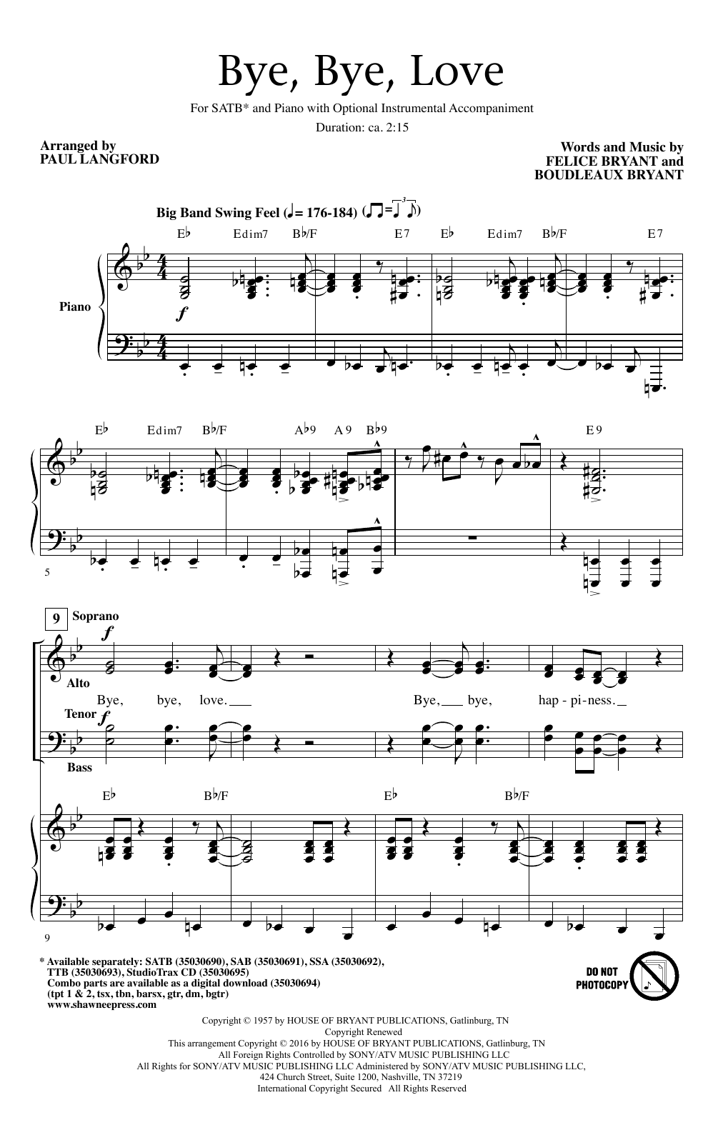 Download The Everly Brothers Bye Bye Love (arr. Paul Langford) Sheet Music