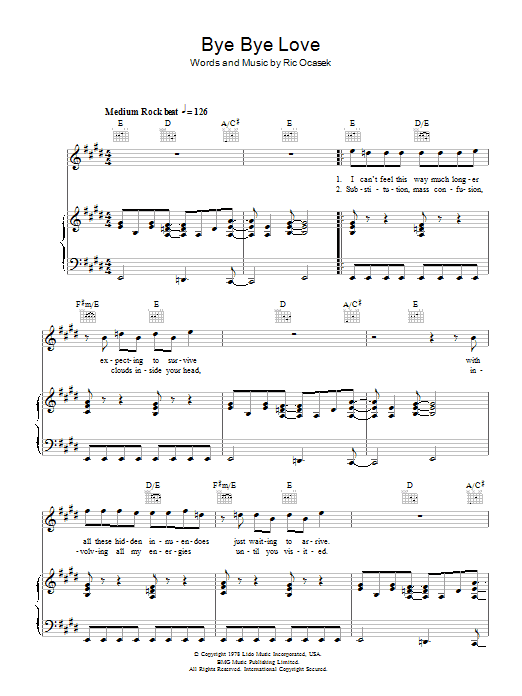 Download The Cars Bye Bye Love Sheet Music