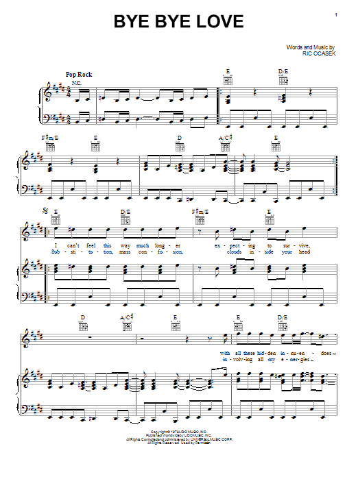 Download The Cars Bye Bye Love Sheet Music