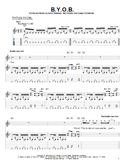 Download System Of A Down B.Y.O.B. Sheet Music