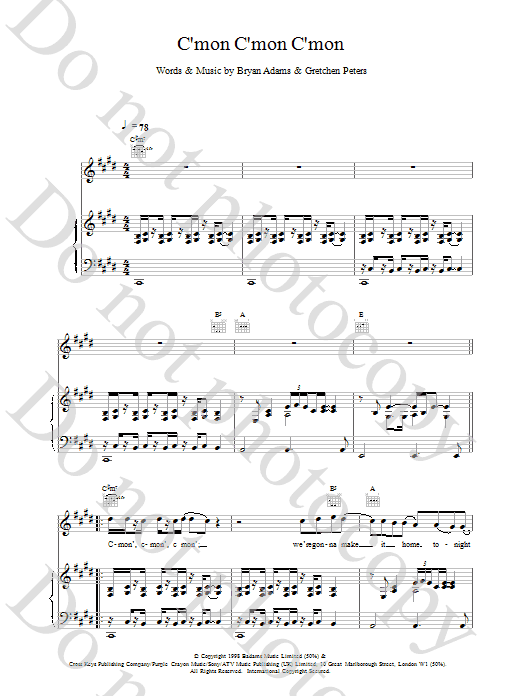 Bryan Adams C'mon C'mon C'mon sheet music notes printable PDF score