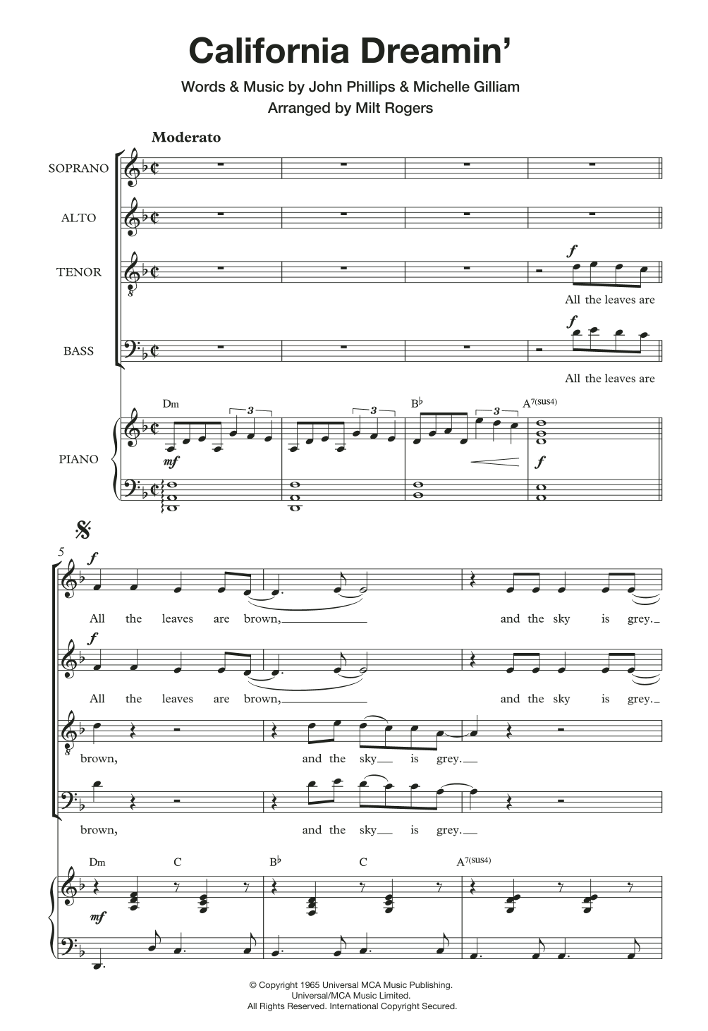 Download The Mamas & The Papas California Dreamin' (arr. Milt Rogers) Sheet Music