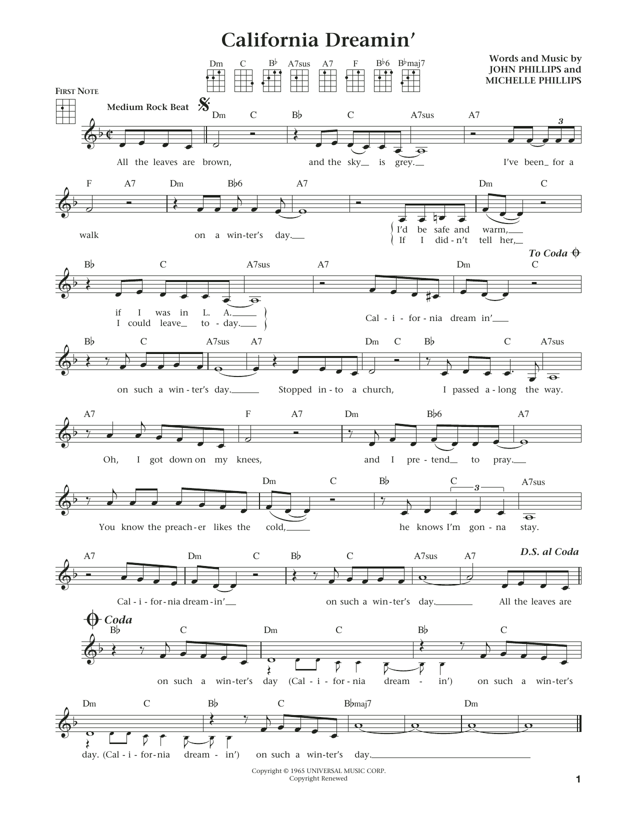 Download The Mamas & The Papas California Dreamin' (from The Daily Uku Sheet Music