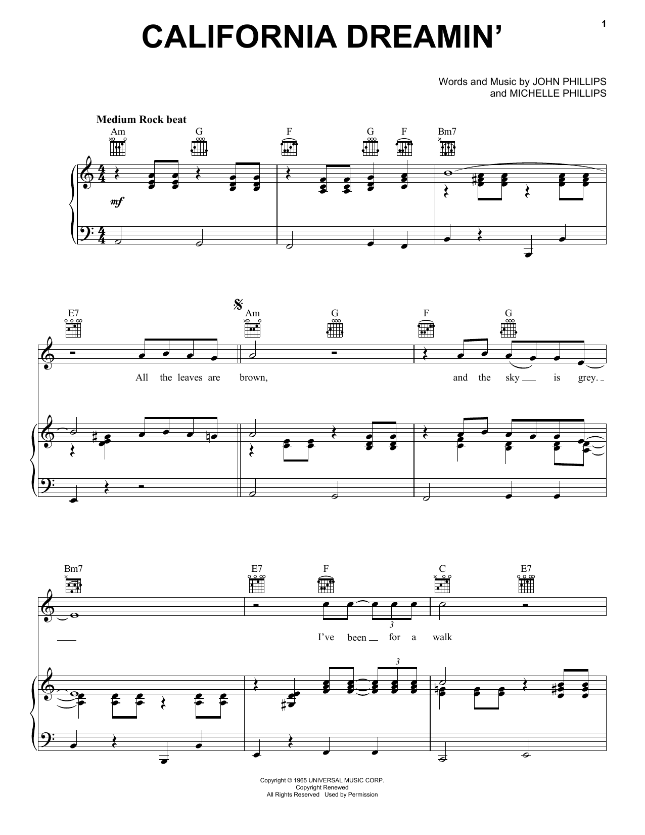The Mamas & The Papas California Dreamin' sheet music notes printable PDF score