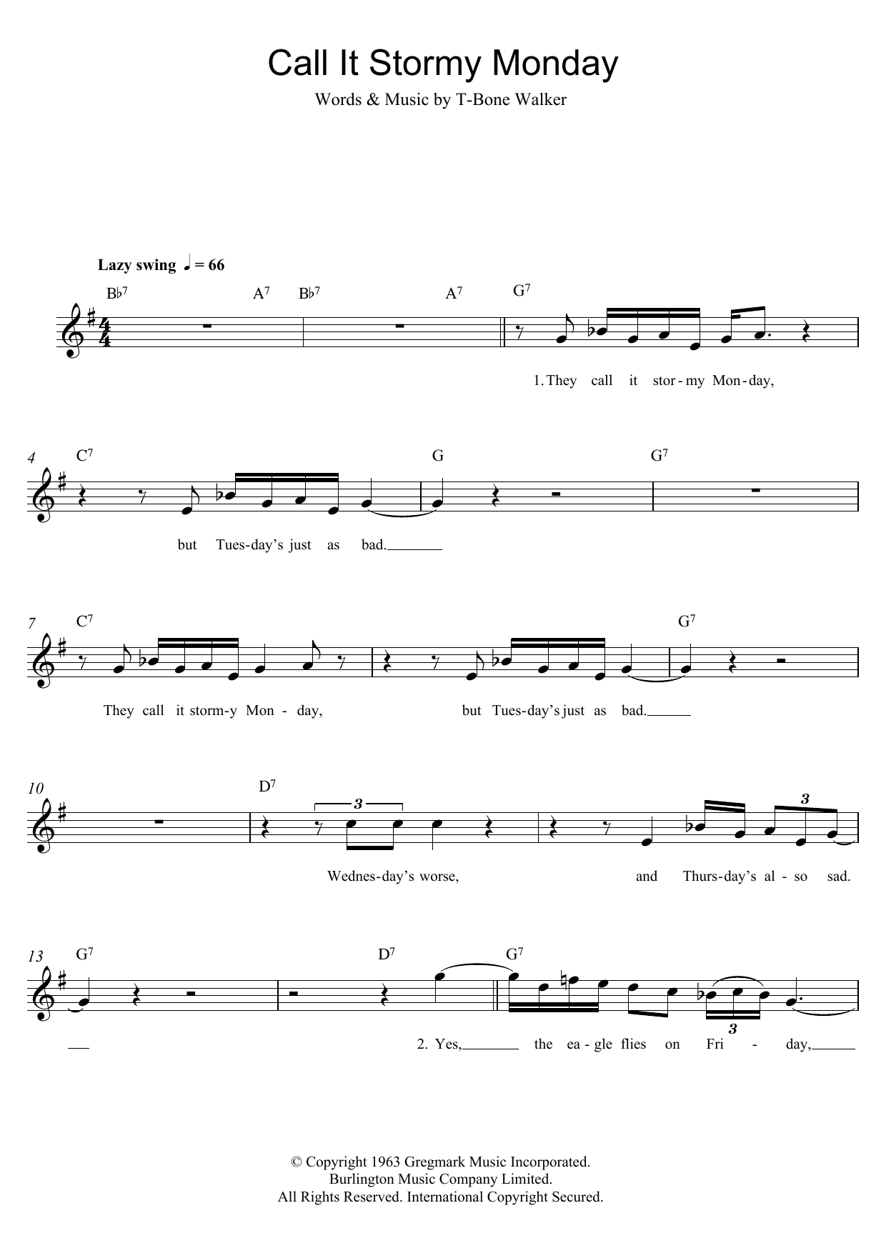 Download T-Bone Walker Call It Stormy Monday (But Tuesday Is J Sheet Music