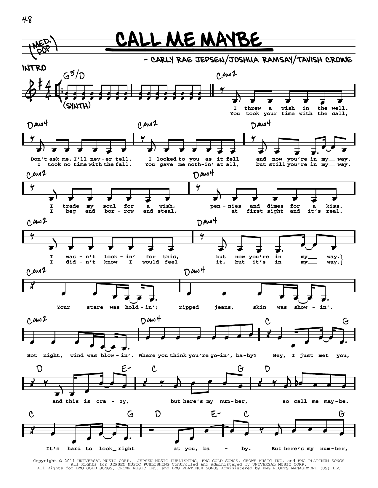 Download Carly Rae Jepsen Call Me Maybe Sheet Music