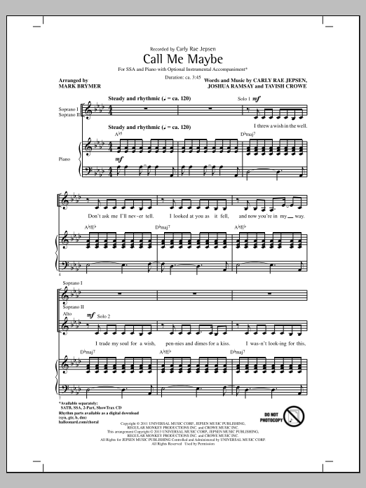 Download Carly Rae Jepsen Call Me Maybe (arr. Mark Brymer) Sheet Music