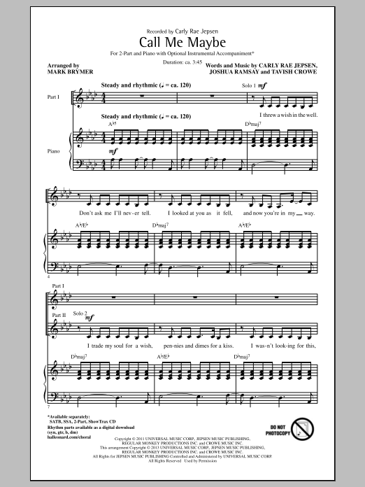 Download Mark Brymer Call Me Maybe Sheet Music