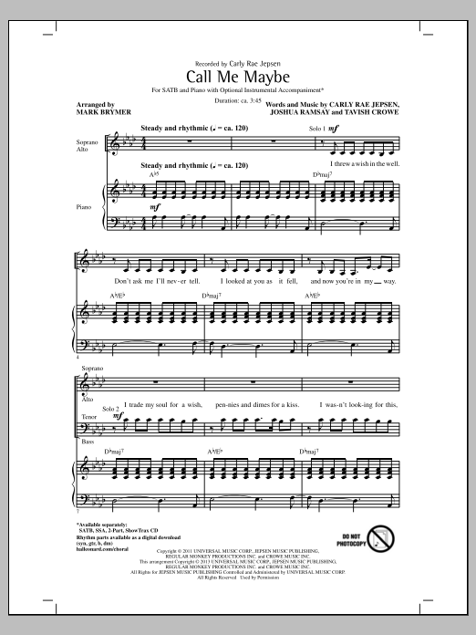Download Carly Rae Jepsen Call Me Maybe (arr. Mark Brymer) Sheet Music