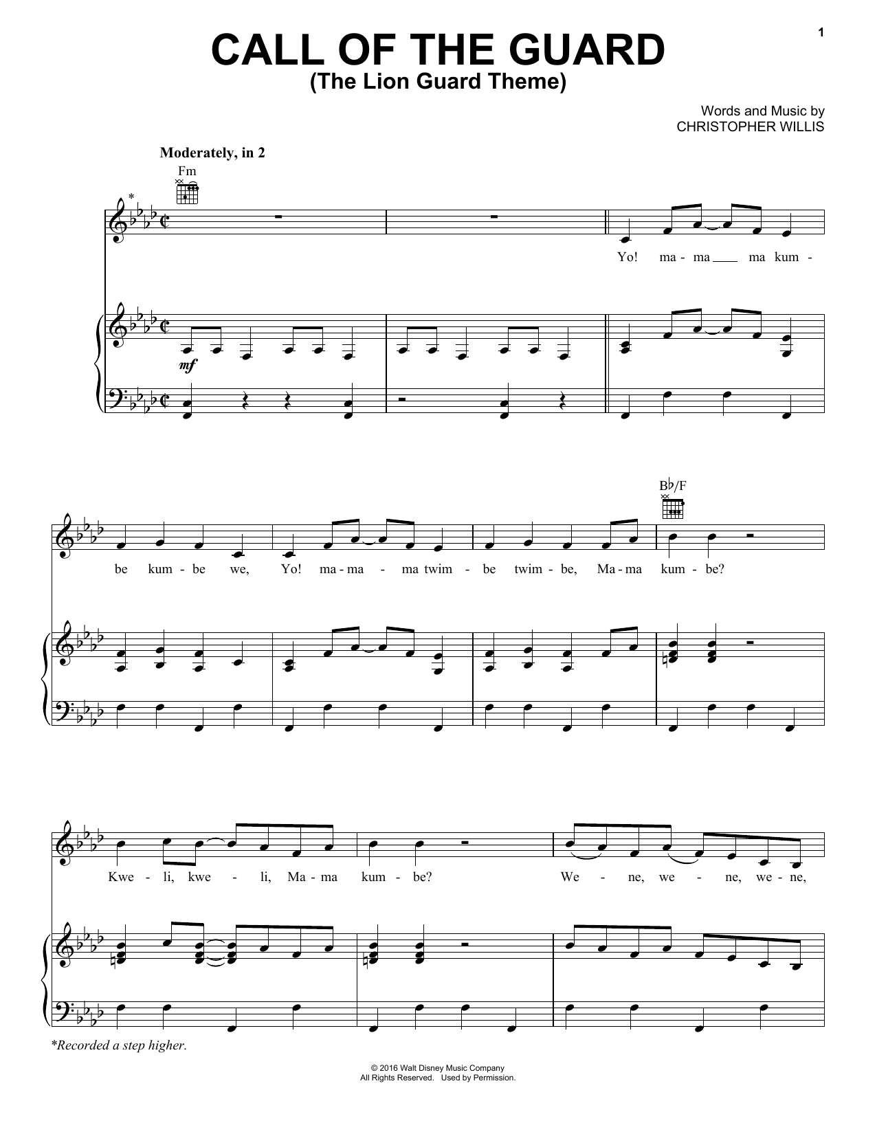 Download Christopher Willis Call Of The Guard (The Lion Guard Theme Sheet Music