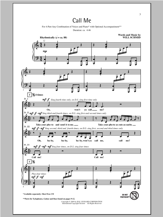 Will Schmid Call Me sheet music notes printable PDF score