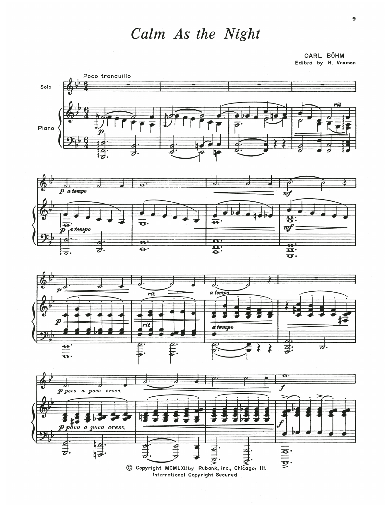 Download or print Carl Bohm Calm As The Night (Still Wie Die Nacht) Sheet Music Printable PDF 4-page score for Classical / arranged Baritone T.C. and Piano SKU: 476539.