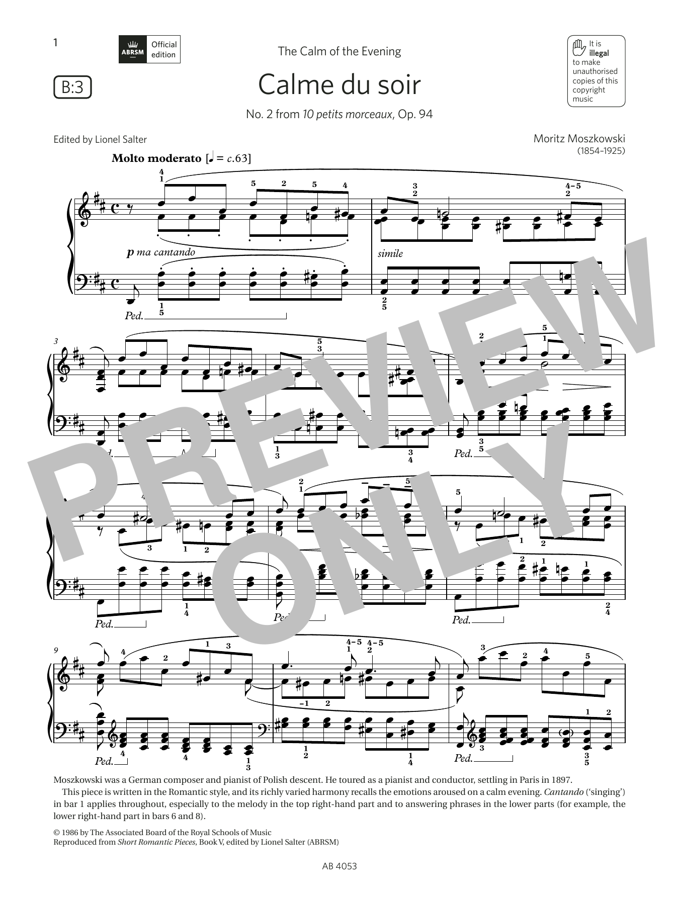 Download Moritz Moszkowski Calme du soir (Grade 7, list B3, from t Sheet Music