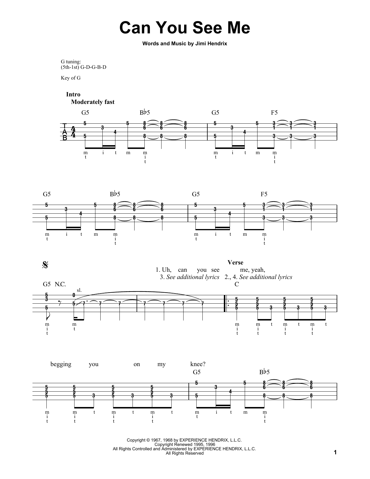 Download Jimi Hendrix Can You See Me Sheet Music