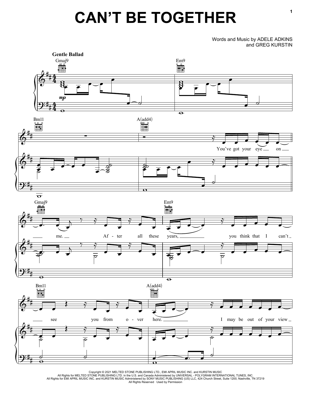 Adele Can't Be Together sheet music notes printable PDF score